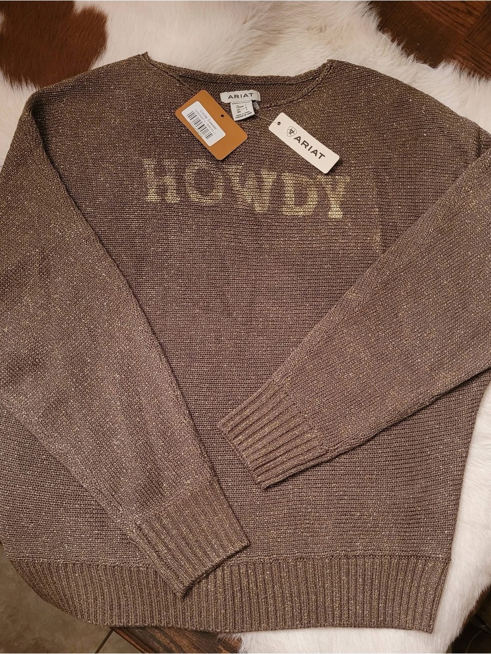 Rodeo Quincy Ariat women's 'Howdy' Brown Metallic Crewneck Sweater